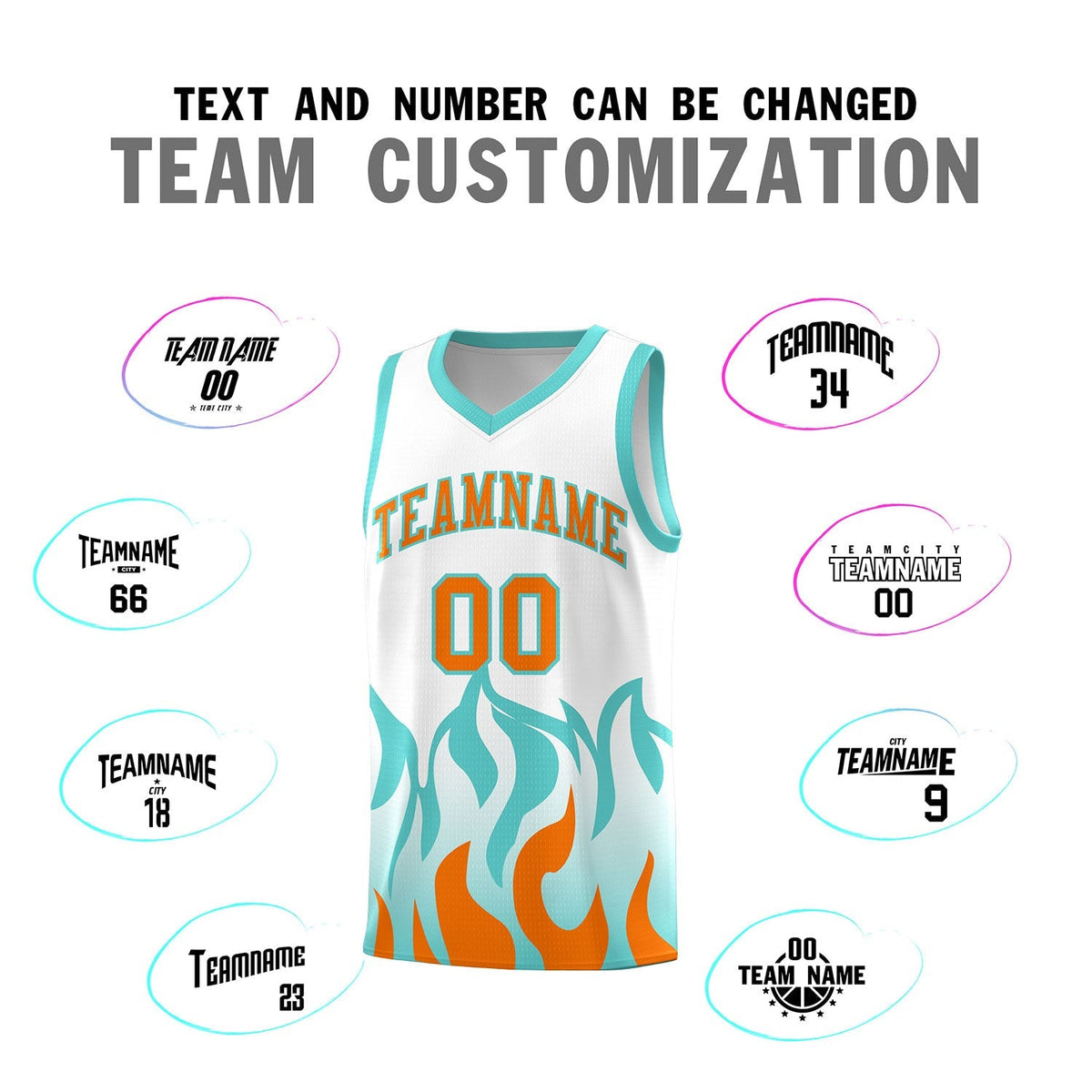 Custom White Orange Hem Flame Pattern Fashion Sports Uniform Basketball Kits