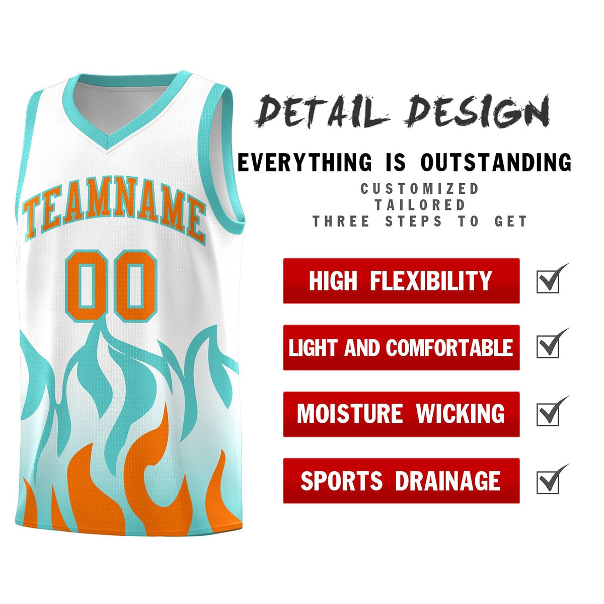 Custom White Orange Hem Flame Pattern Fashion Sports Uniform Basketball Kits