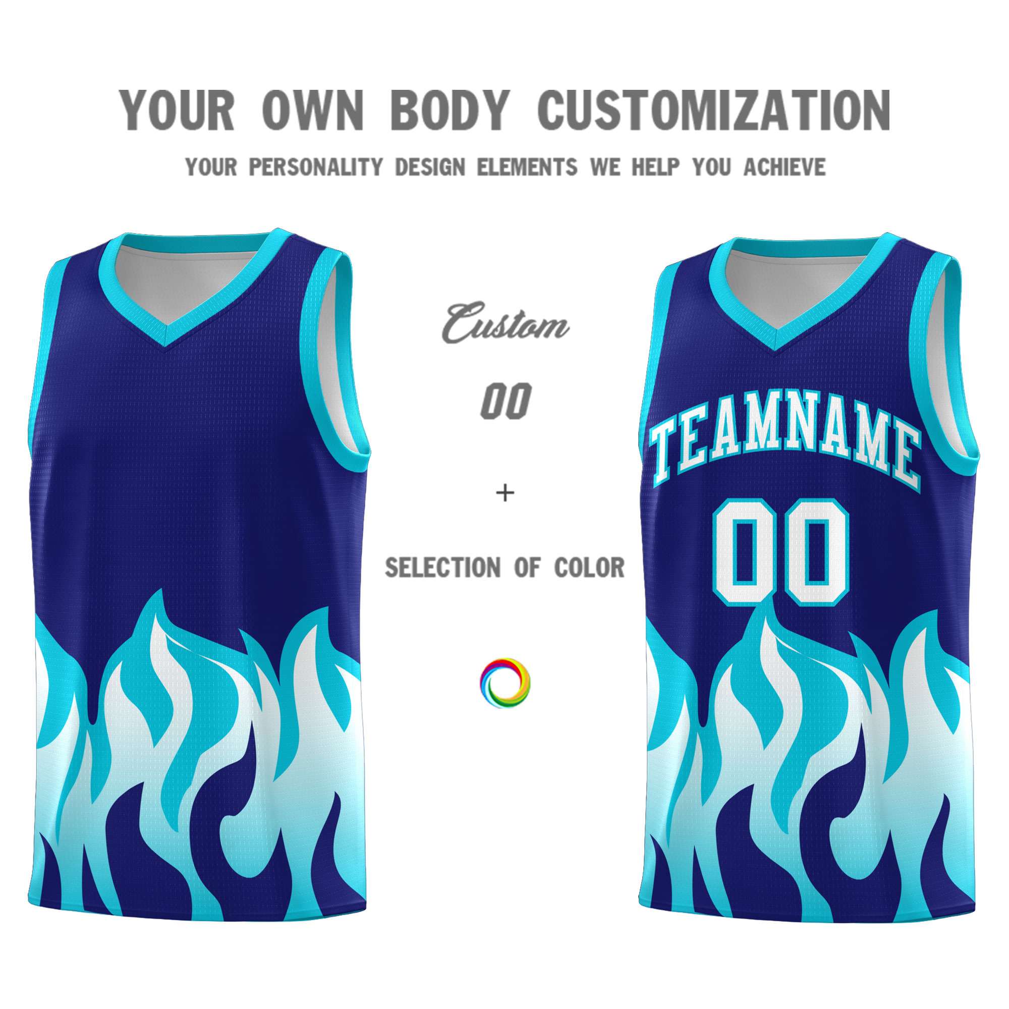 Custom Royal Sky Blue Hem Flame Pattern Fashion Sports Uniform Basketball Kits
