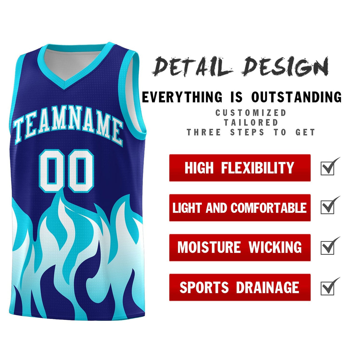 Custom Royal Sky Blue Hem Flame Pattern Fashion Sports Uniform Basketball Kits