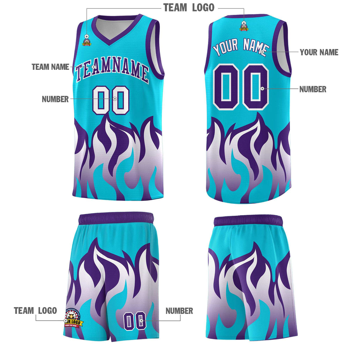 Custom Sky Blue Purple Hem Flame Pattern Fashion Sports Uniform Basketball Kits