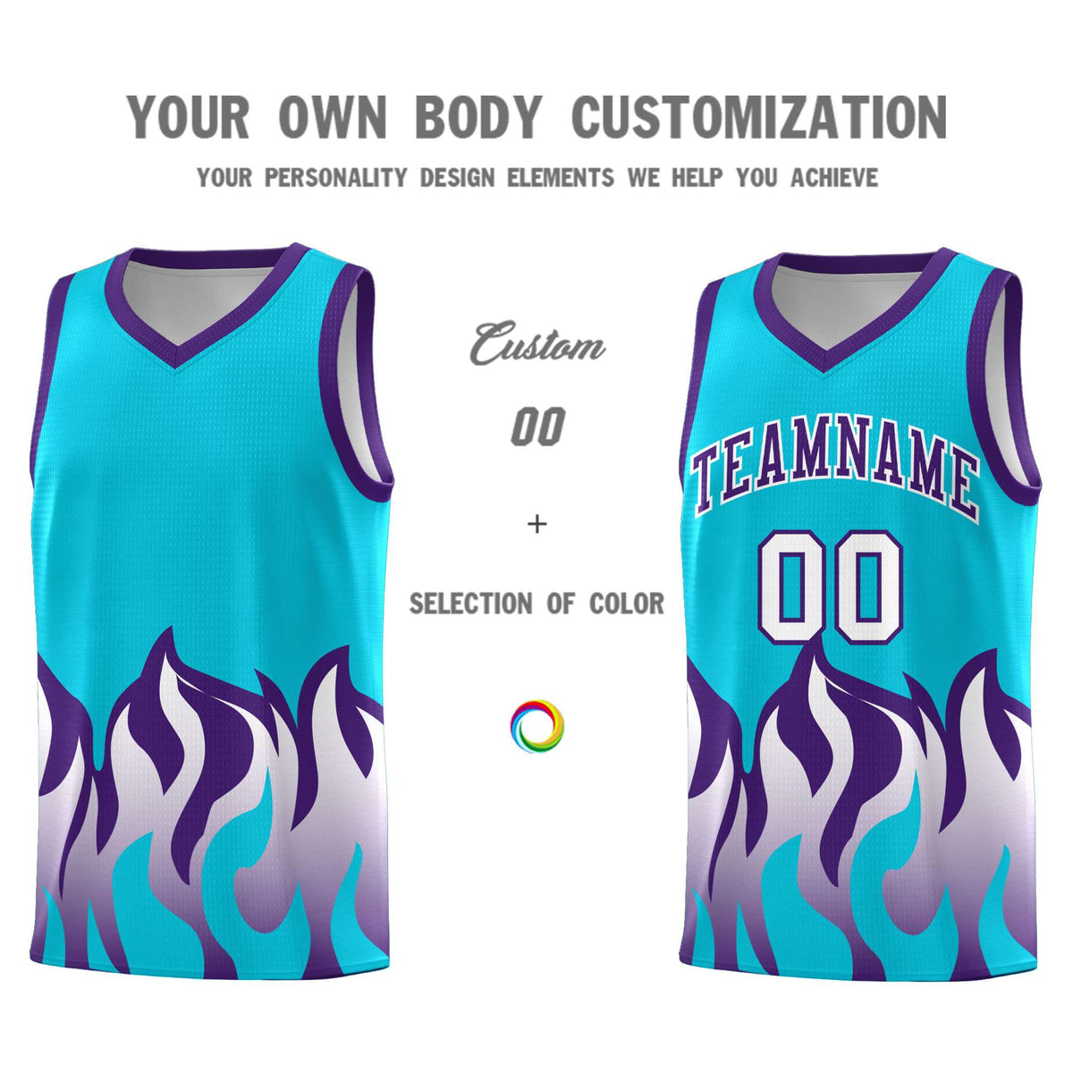 Custom Sky Blue Purple Hem Flame Pattern Fashion Sports Uniform Basketball Kits