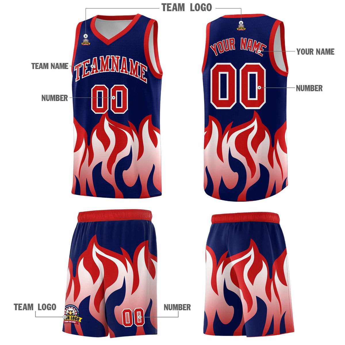 Custom Navy Red Hem Flame Pattern Fashion Sports Uniform Basketball Kits