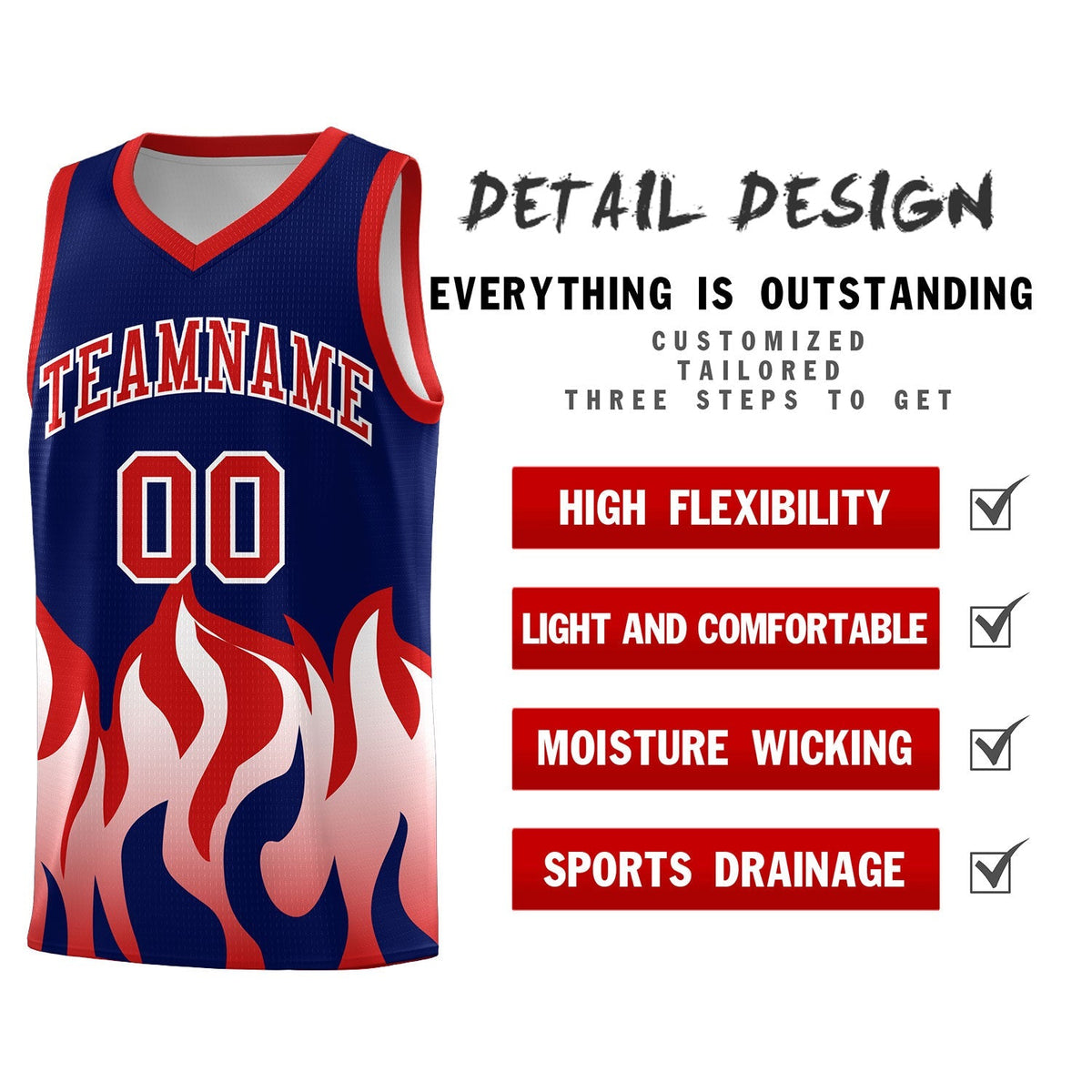 Custom Navy Red Hem Flame Pattern Fashion Sports Uniform Basketball Kits