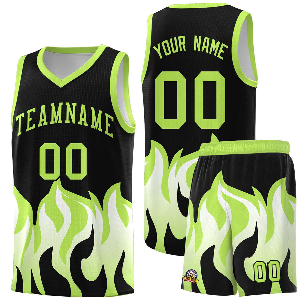 Custom Black Fluorescent Green Hem Flame Pattern Fashion Sports Uniform Basketball Kits