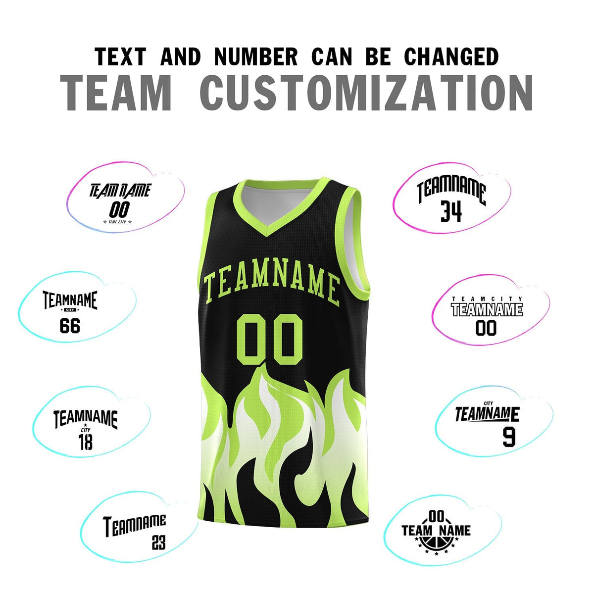 Custom Black Fluorescent Green Hem Flame Pattern Fashion Sports Uniform Basketball Kits