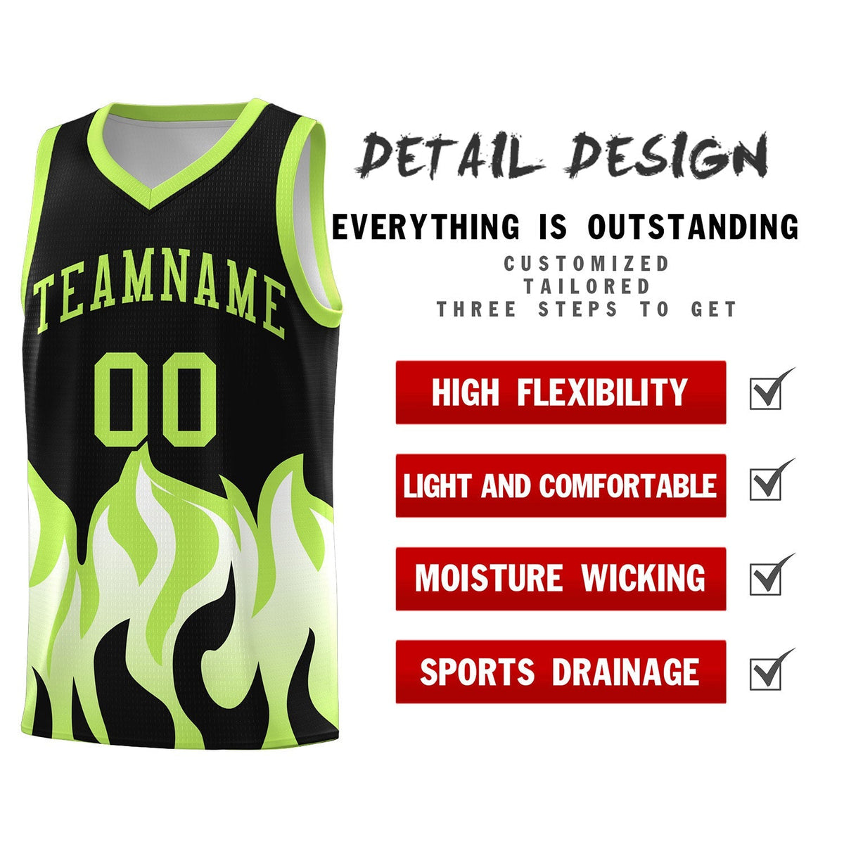 Custom Black Fluorescent Green Hem Flame Pattern Fashion Sports Uniform Basketball Kits