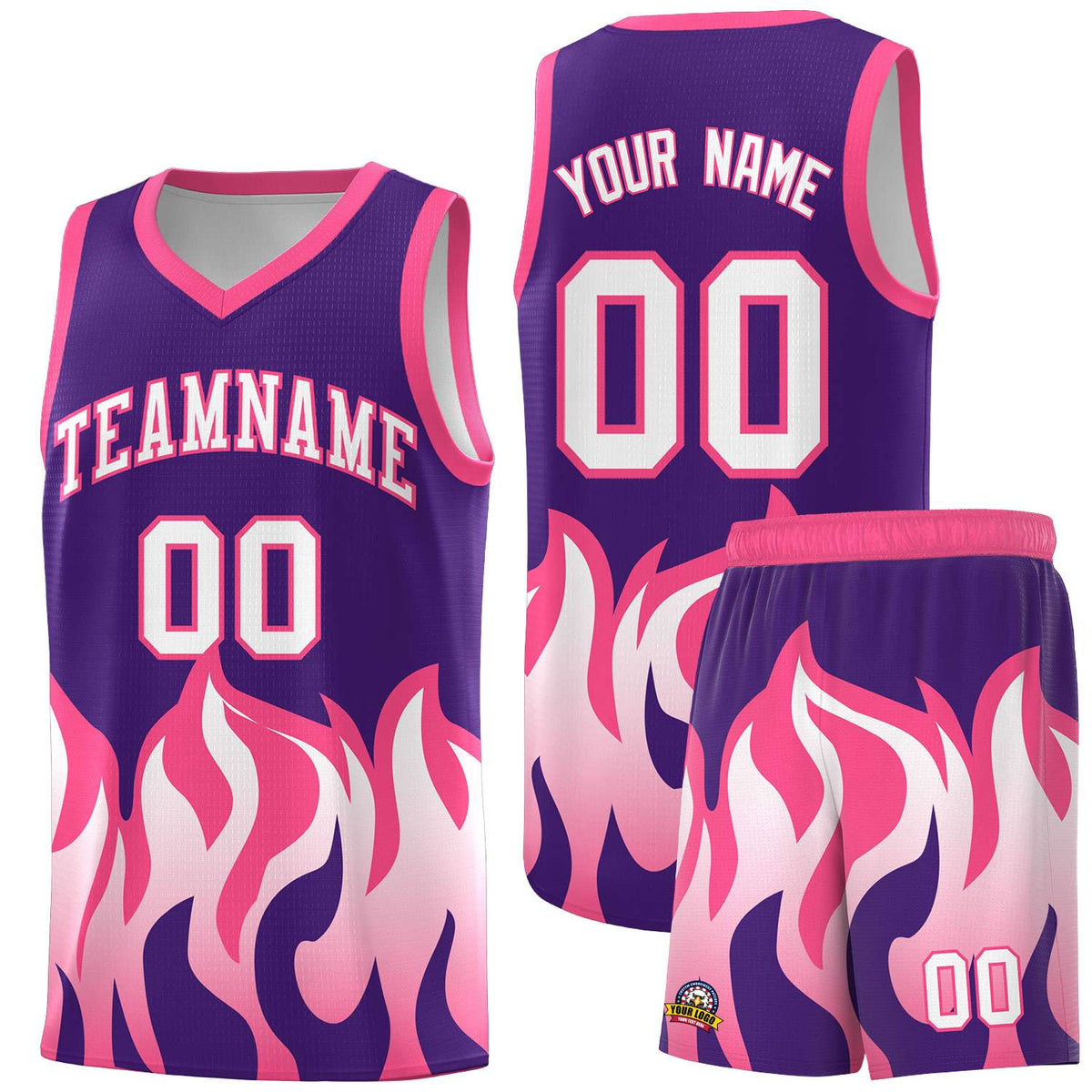 Custom Purple Pink Hem Flame Pattern Fashion Sports Uniform Basketball Kits