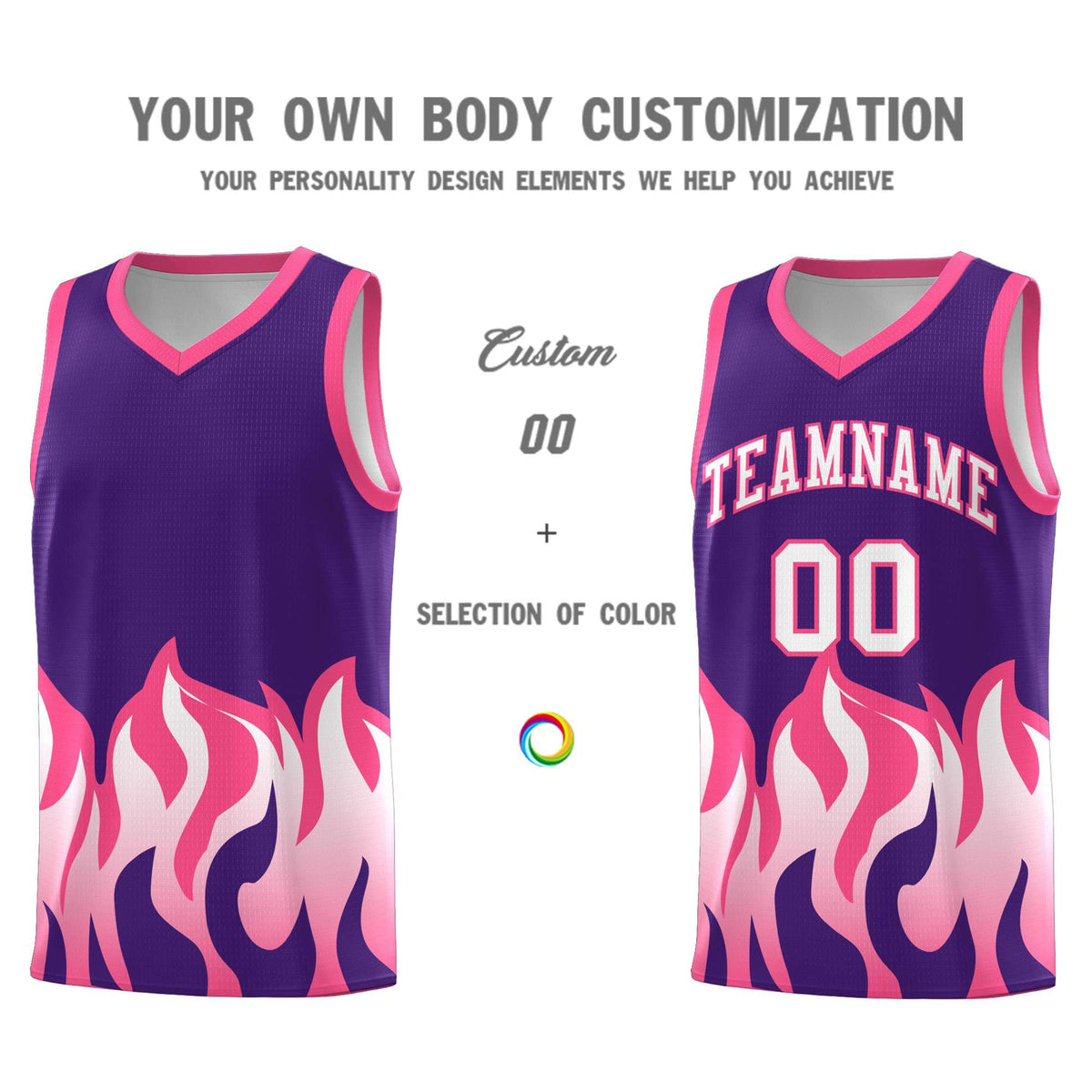 Custom Purple Pink Hem Flame Pattern Fashion Sports Uniform Basketball Kits