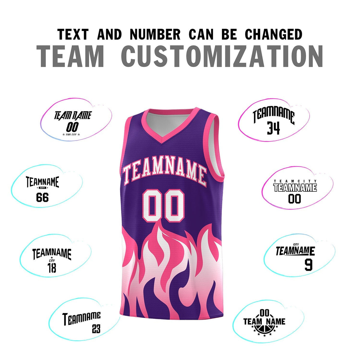 Custom Purple Pink Hem Flame Pattern Fashion Sports Uniform Basketball Kits