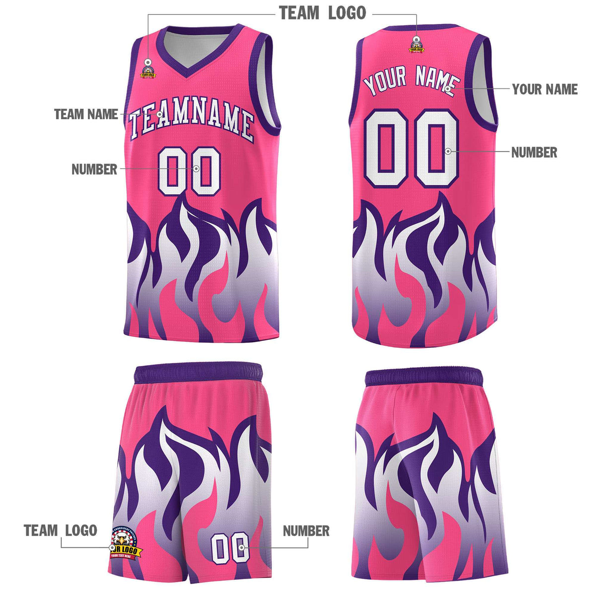 Custom Pink Purple Hem Flame Pattern Fashion Sports Uniform Basketball Kits