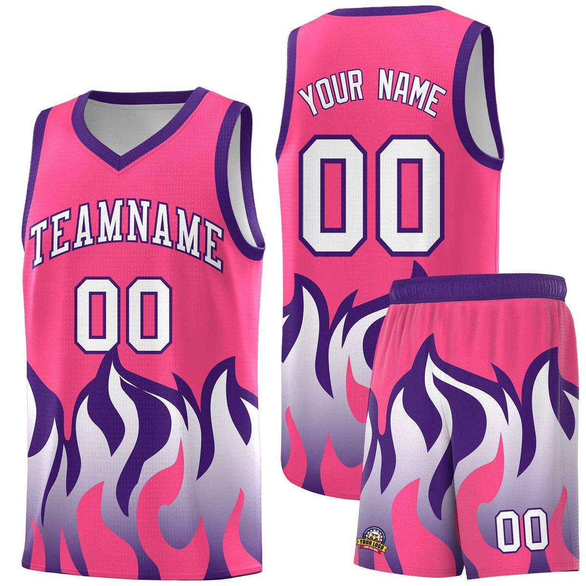 Custom Pink Purple Hem Flame Pattern Fashion Sports Uniform Basketball Kits