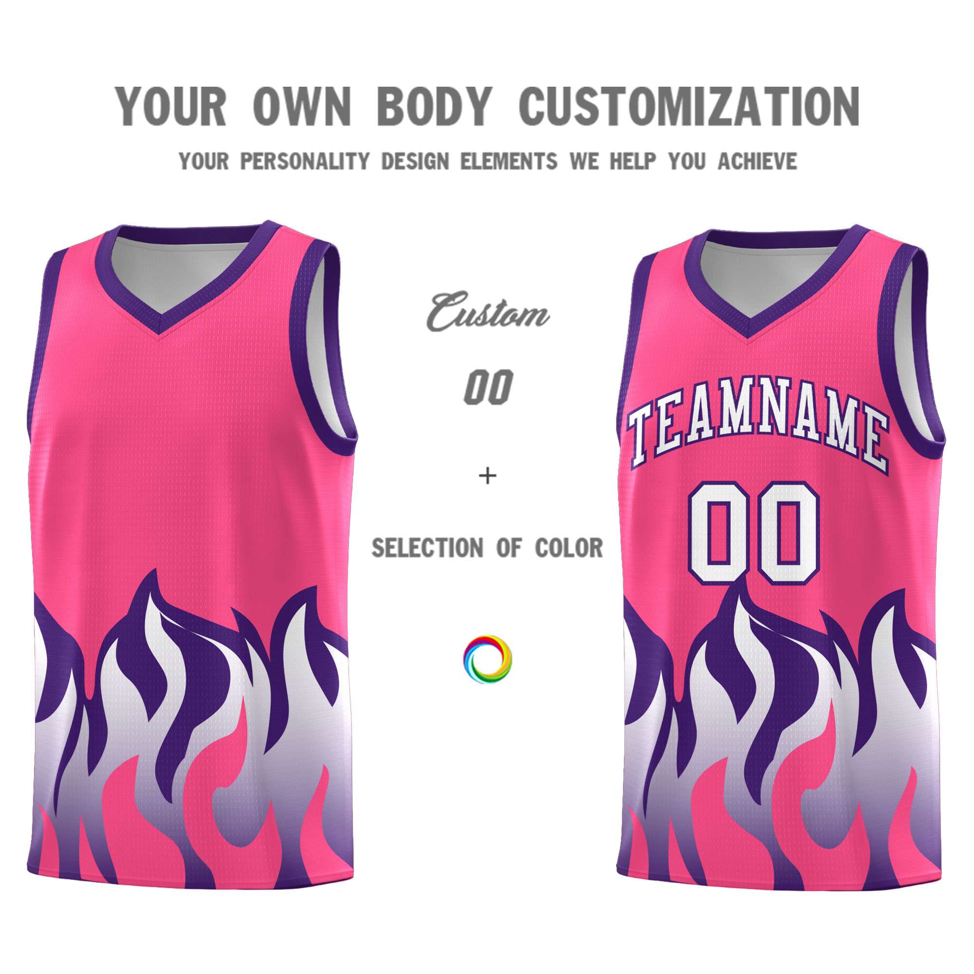 Custom Pink Purple Hem Flame Pattern Fashion Sports Uniform Basketball Kits