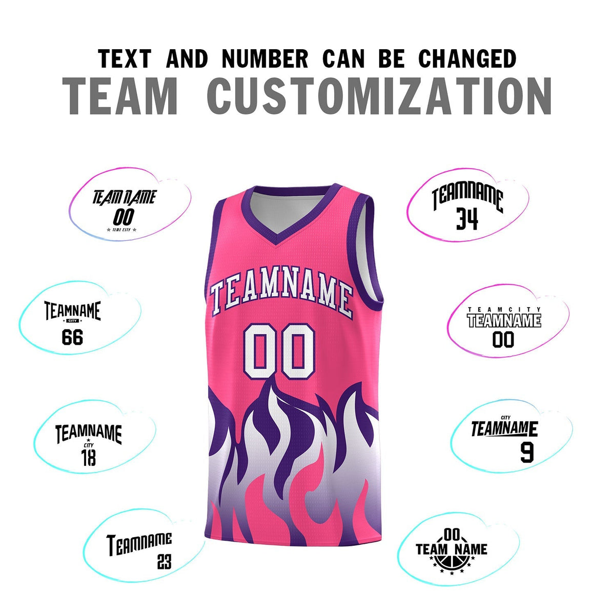 Custom Pink Purple Hem Flame Pattern Fashion Sports Uniform Basketball Kits