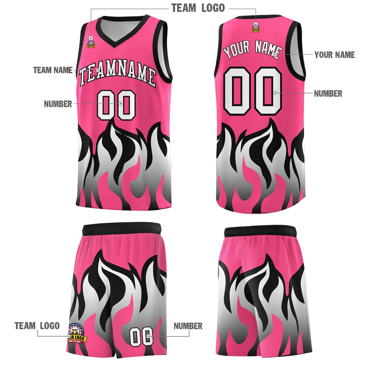 Custom Pink Black Hem Flame Pattern Fashion Sports Uniform Basketball Kits