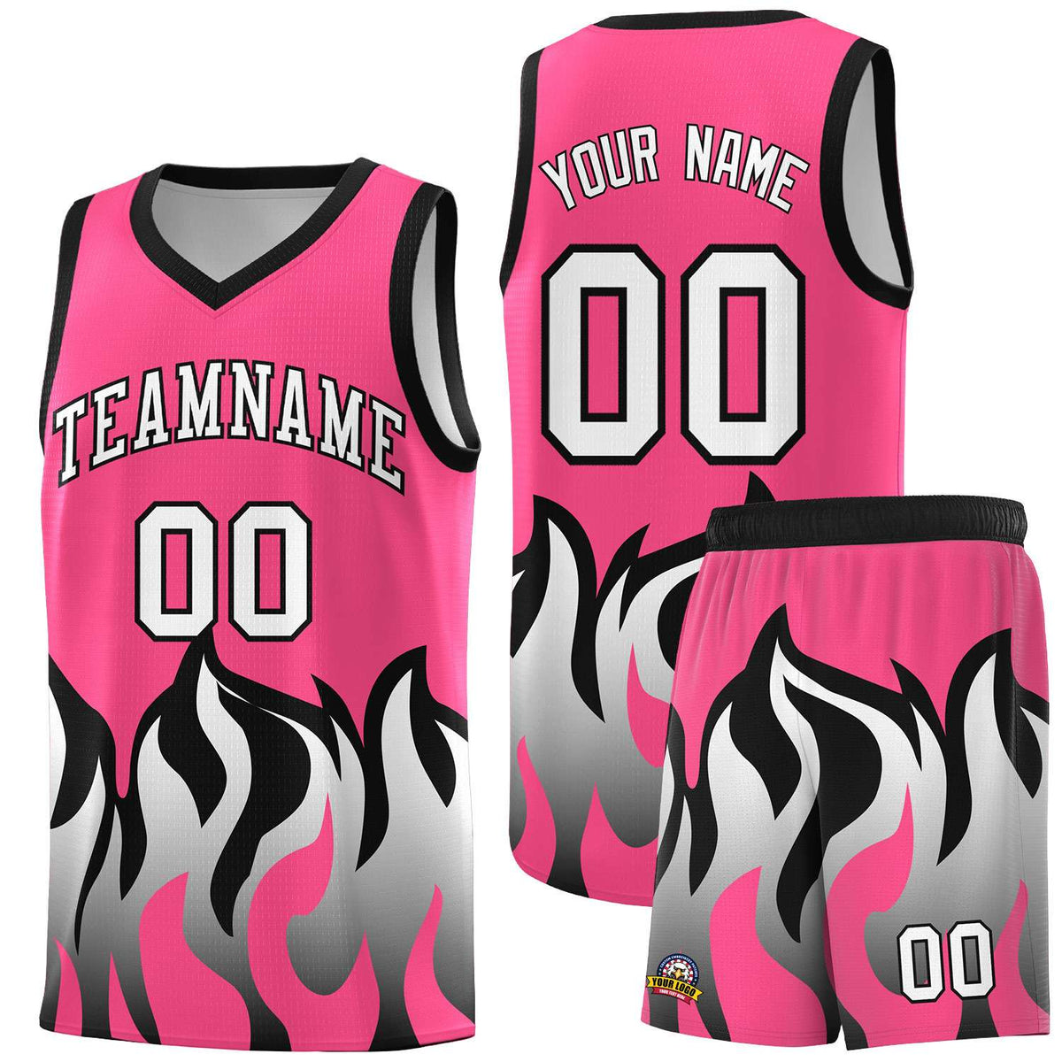 Custom Pink Black Hem Flame Pattern Fashion Sports Uniform Basketball Kits