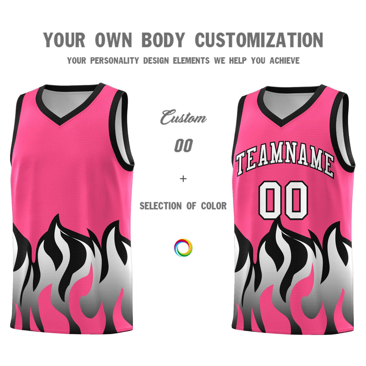 Custom Pink Black Hem Flame Pattern Fashion Sports Uniform Basketball Kits