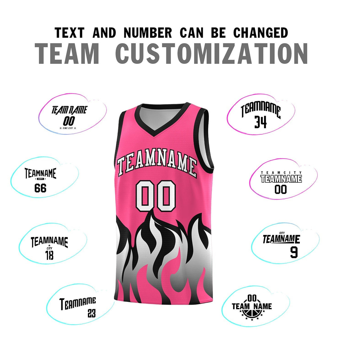 Custom Pink Black Hem Flame Pattern Fashion Sports Uniform Basketball Kits