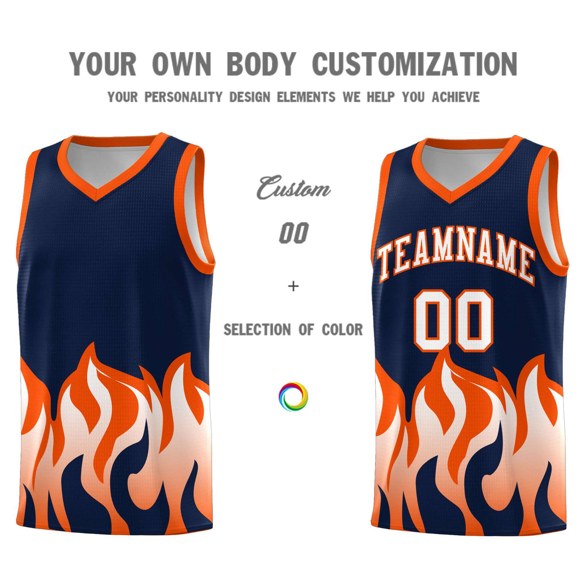 Custom Navy Orange Hem Flame Pattern Fashion Sports Uniform Basketball Kits