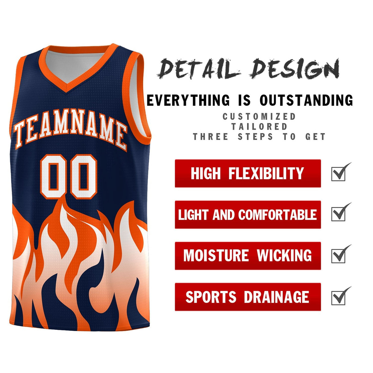 Custom Navy Orange Hem Flame Pattern Fashion Sports Uniform Basketball Kits