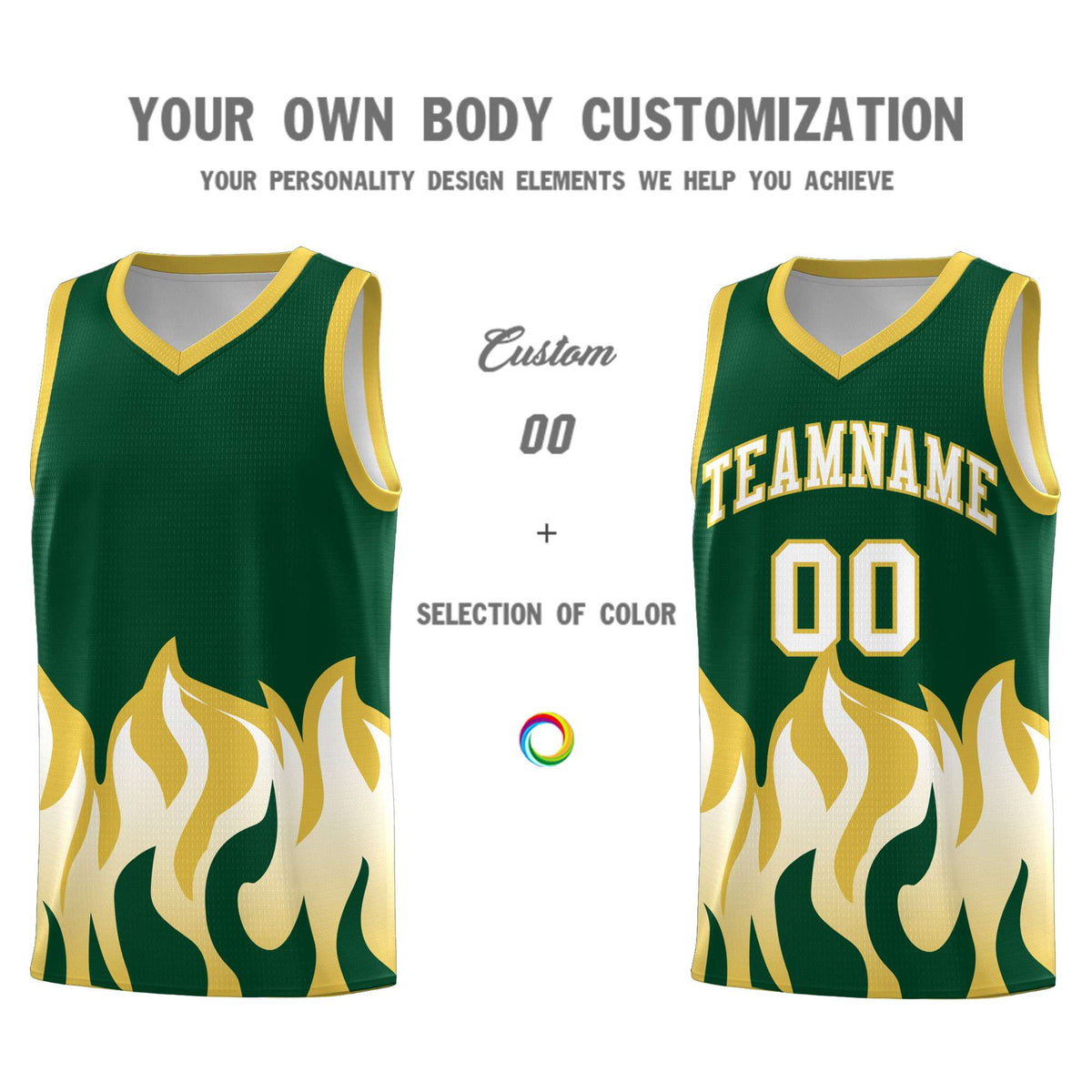 Custom Kelly Green Old Gold Hem Flame Pattern Fashion Sports Uniform Basketball Kits