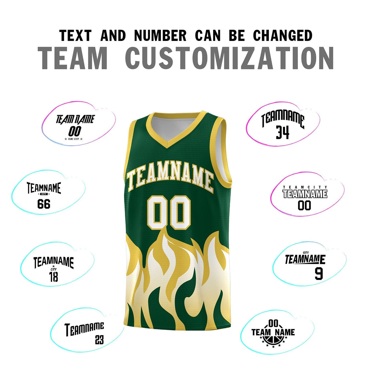 Custom Kelly Green Old Gold Hem Flame Pattern Fashion Sports Uniform Basketball Kits