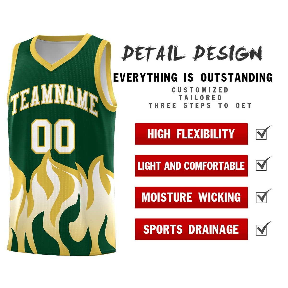 Custom Kelly Green Old Gold Hem Flame Pattern Fashion Sports Uniform Basketball Kits