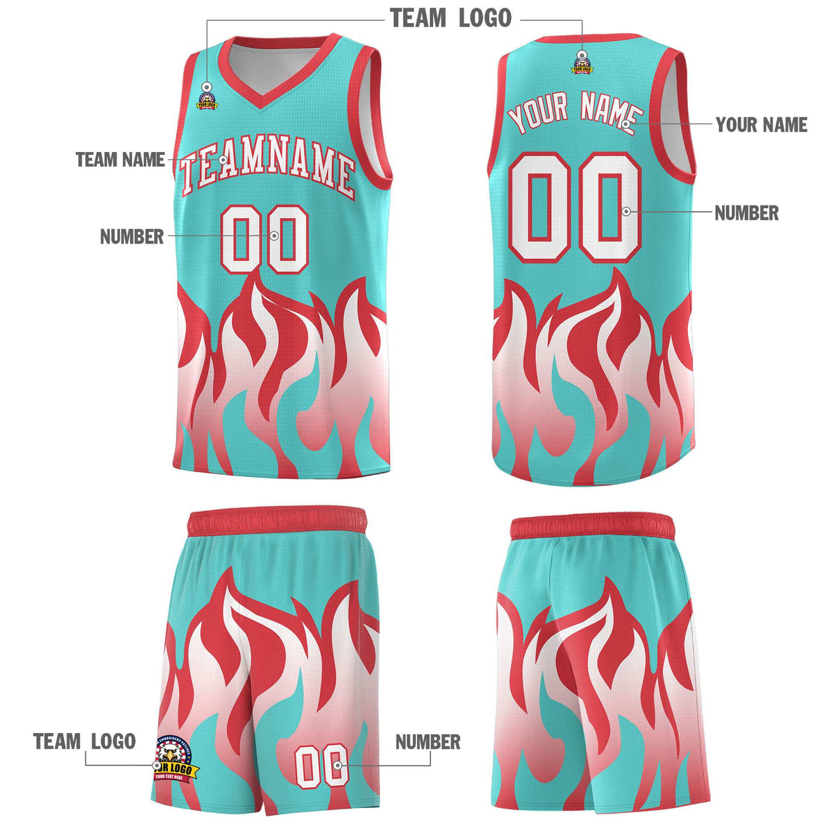 Custom Bright Green Light Red Hem Flame Pattern Fashion Sports Uniform Basketball Kits