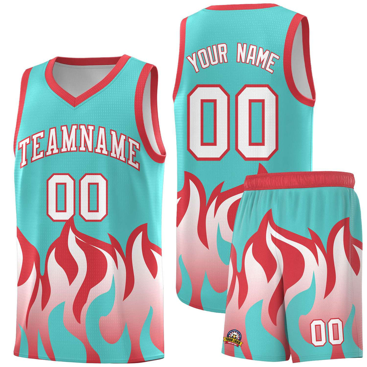 Custom Bright Green Light Red Hem Flame Pattern Fashion Sports Uniform Basketball Kits