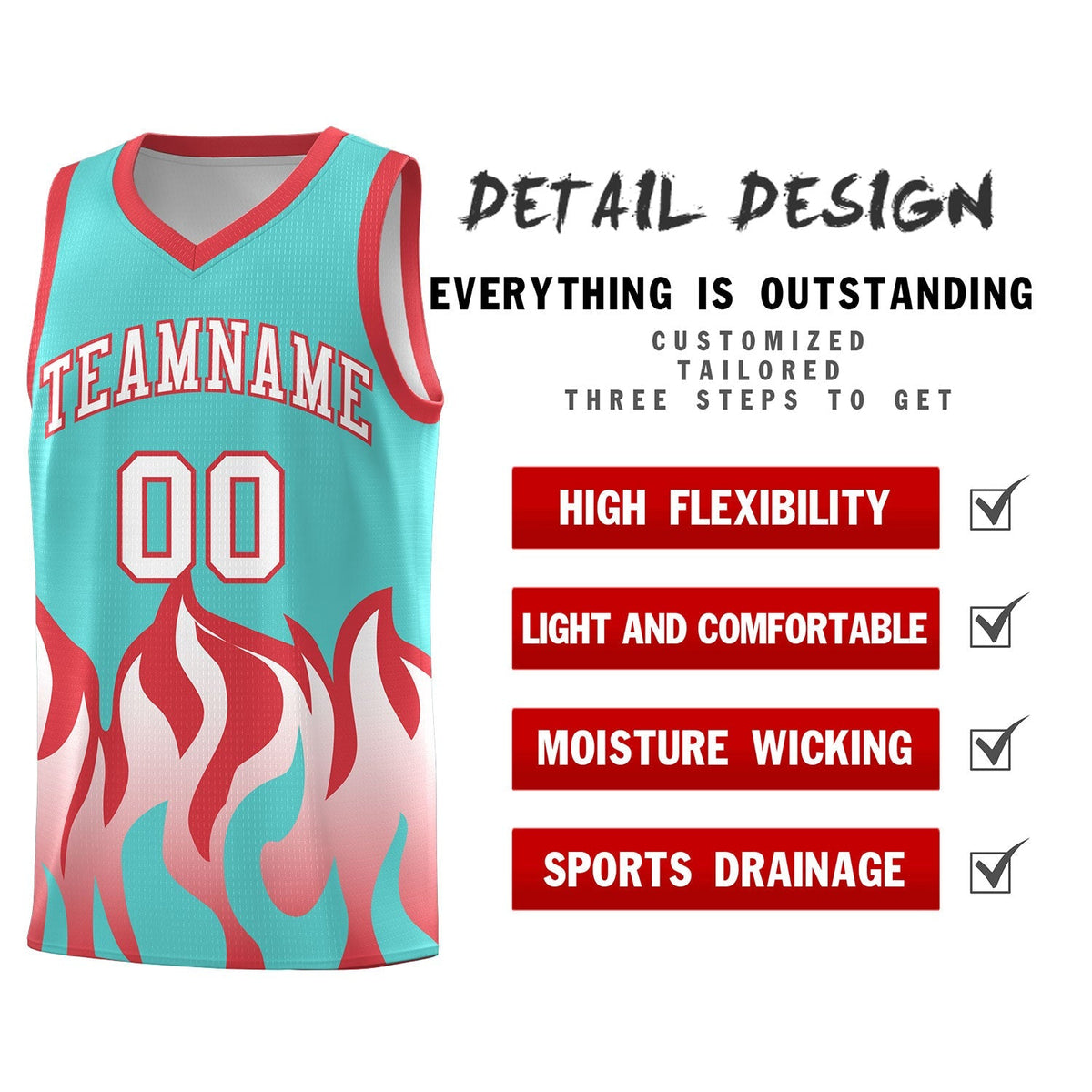 Custom Bright Green Light Red Hem Flame Pattern Fashion Sports Uniform Basketball Kits