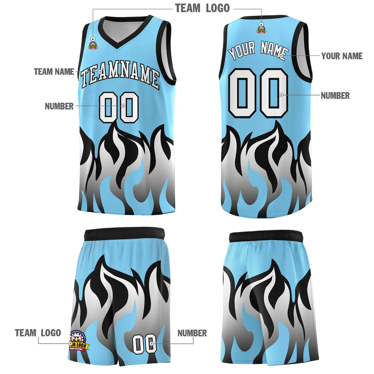 Custom Light Blue Black Hem Flame Pattern Fashion Sports Uniform Basketball Kits