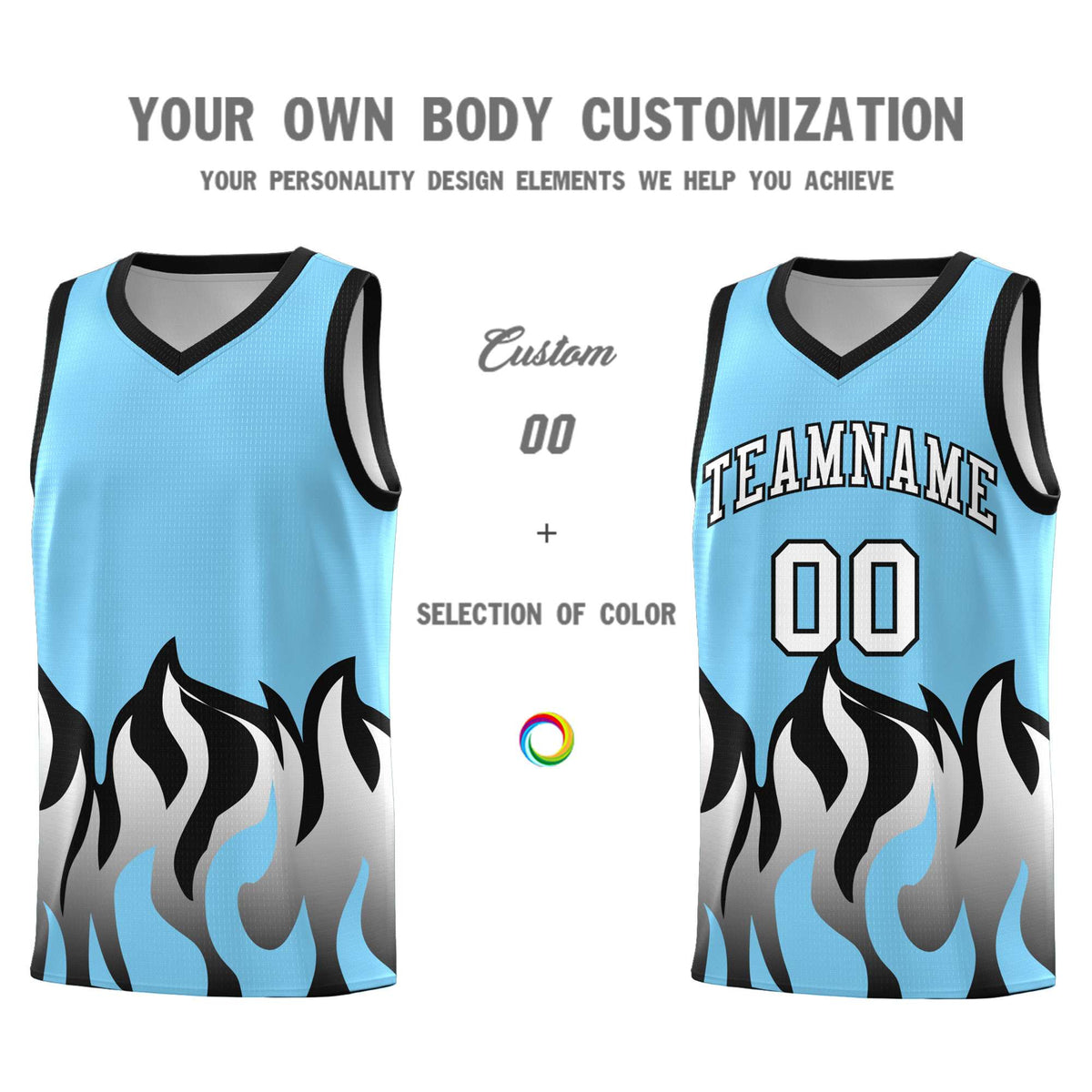 Custom Light Blue Black Hem Flame Pattern Fashion Sports Uniform Basketball Kits