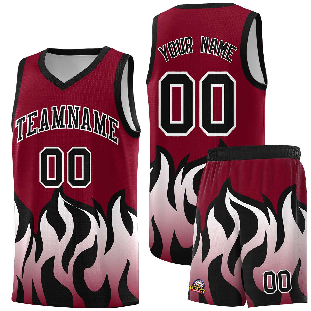 Custom Crimson Black Hem Flame Pattern Fashion Sports Uniform Basketball Kits