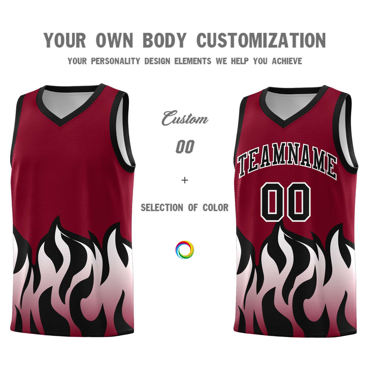 Custom Crimson Black Hem Flame Pattern Fashion Sports Uniform Basketball Kits