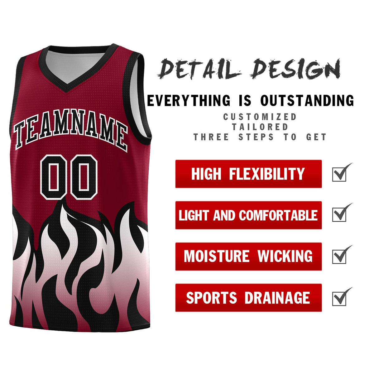 Custom Crimson Black Hem Flame Pattern Fashion Sports Uniform Basketball Kits