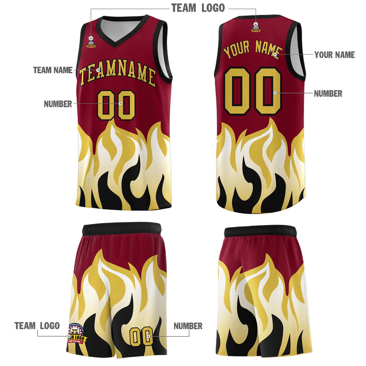 Custom Crimson Old Gold Hem Flame Pattern Fashion Sports Uniform Basketball Kits
