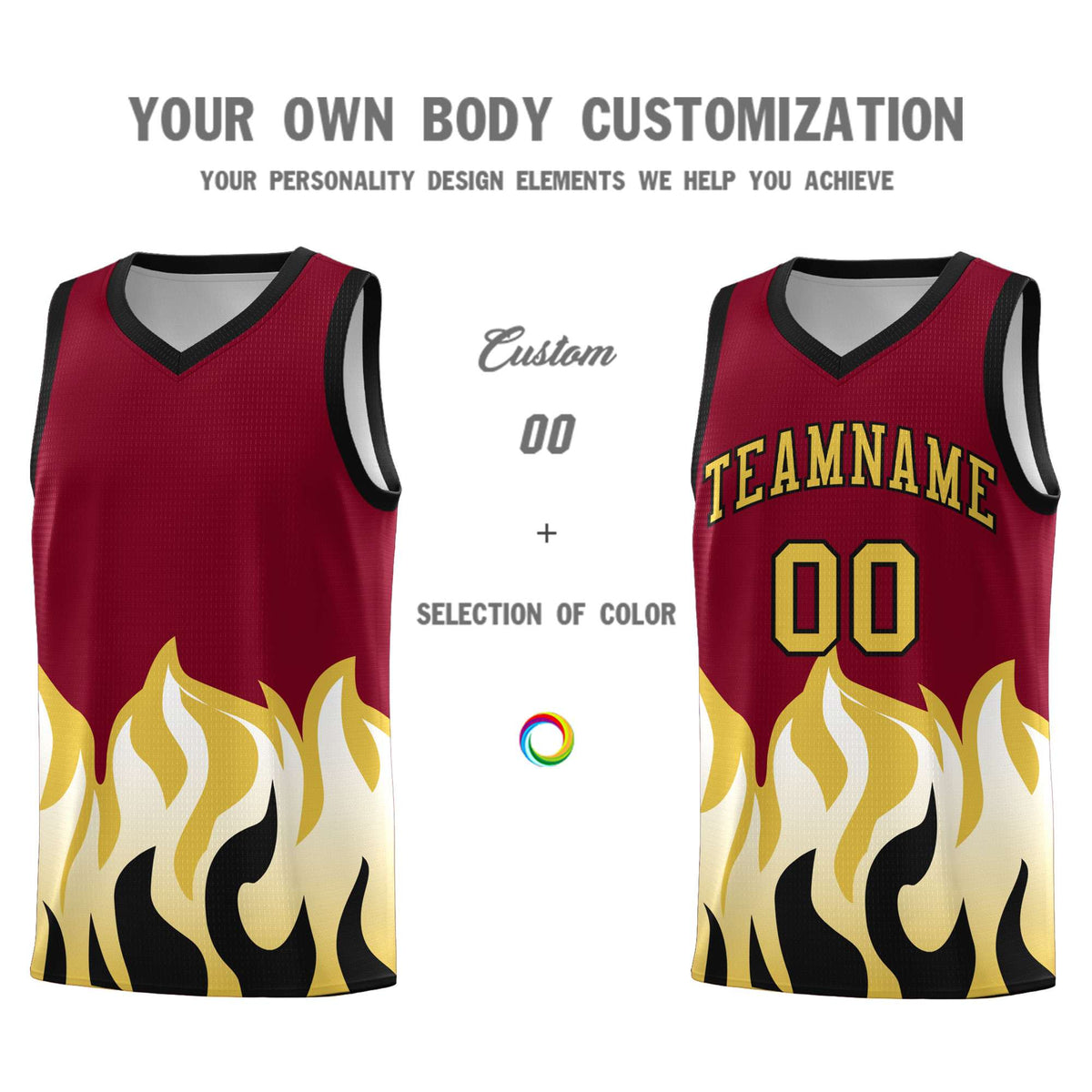Custom Crimson Old Gold Hem Flame Pattern Fashion Sports Uniform Basketball Kits
