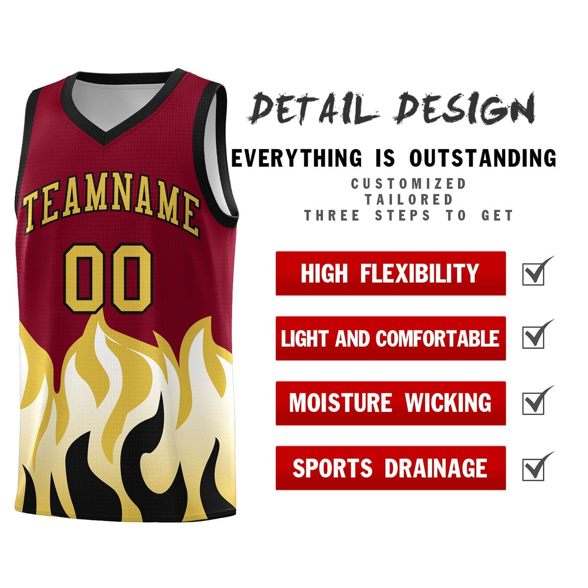 Custom Crimson Old Gold Hem Flame Pattern Fashion Sports Uniform Basketball Kits