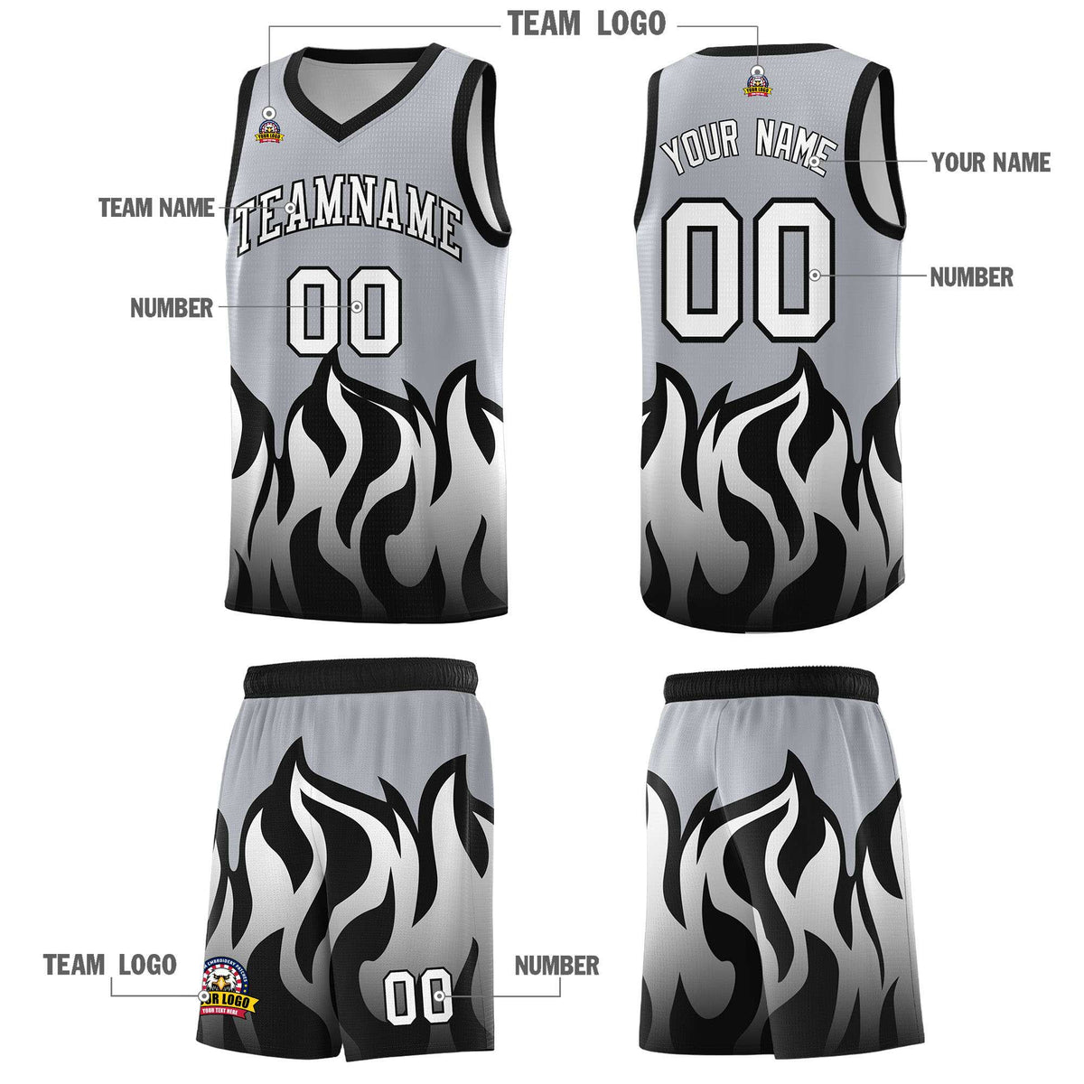 Custom Gray Black Hem Flame Pattern Fashion Sports Uniform Basketball Kits