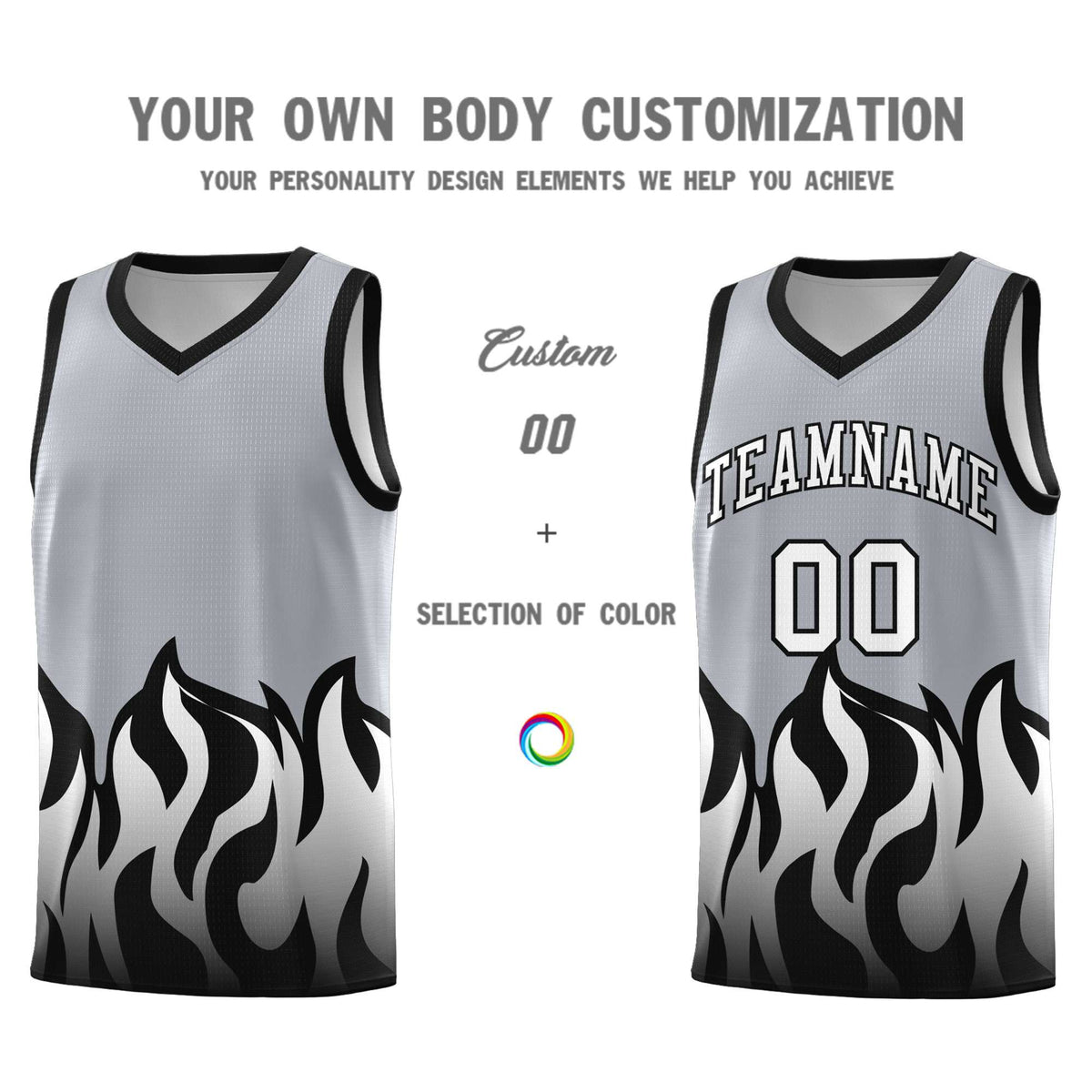 Custom Gray Black Hem Flame Pattern Fashion Sports Uniform Basketball Kits
