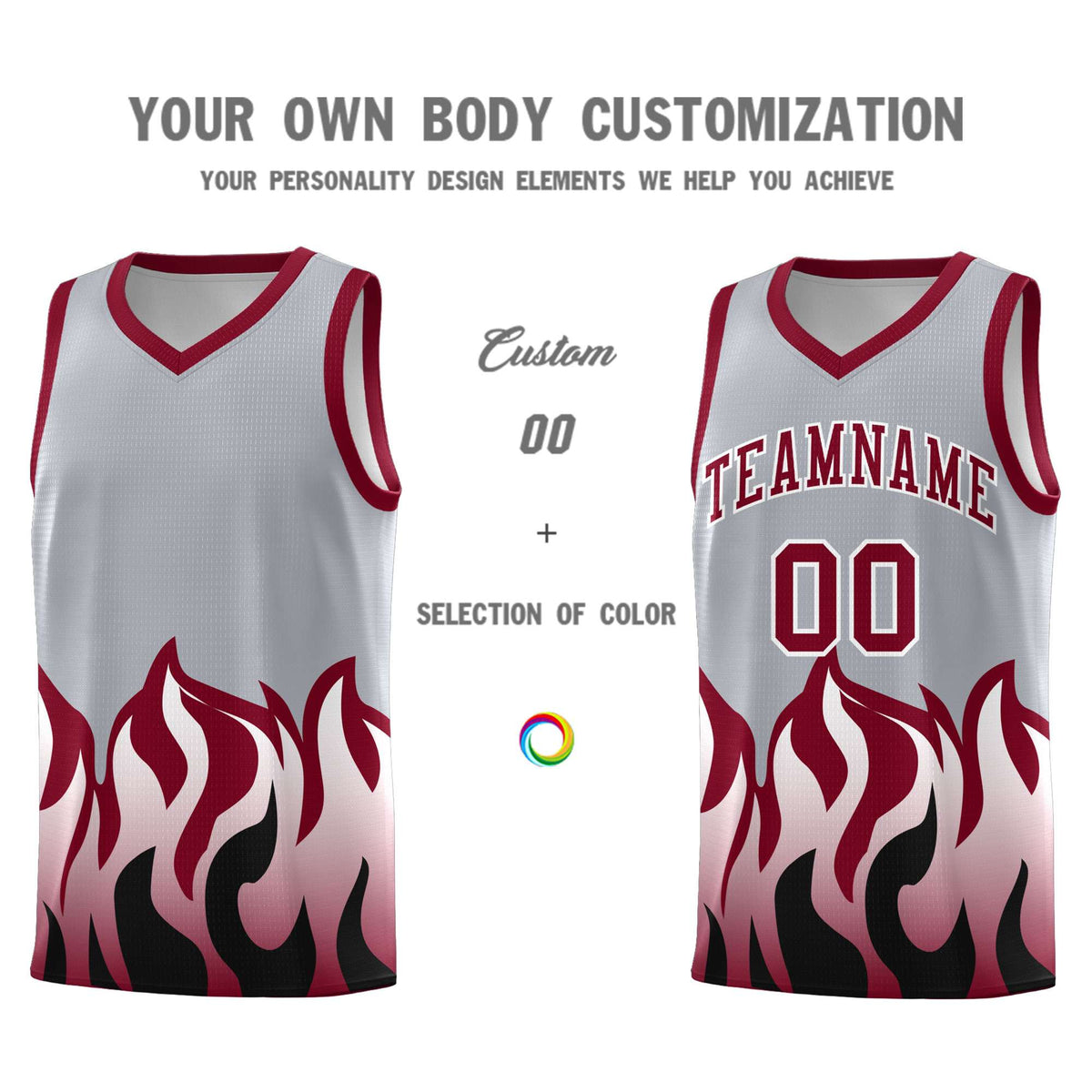 Custom Gray Crimson Hem Flame Pattern Fashion Sports Uniform Basketball Kits