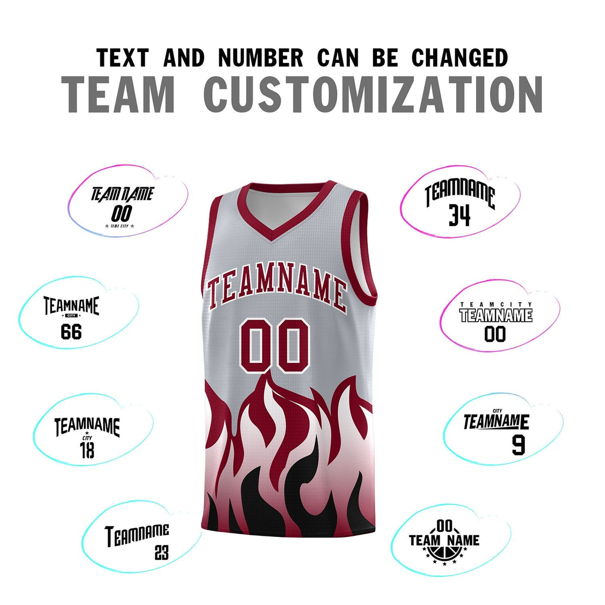 Custom Gray Crimson Hem Flame Pattern Fashion Sports Uniform Basketball Kits