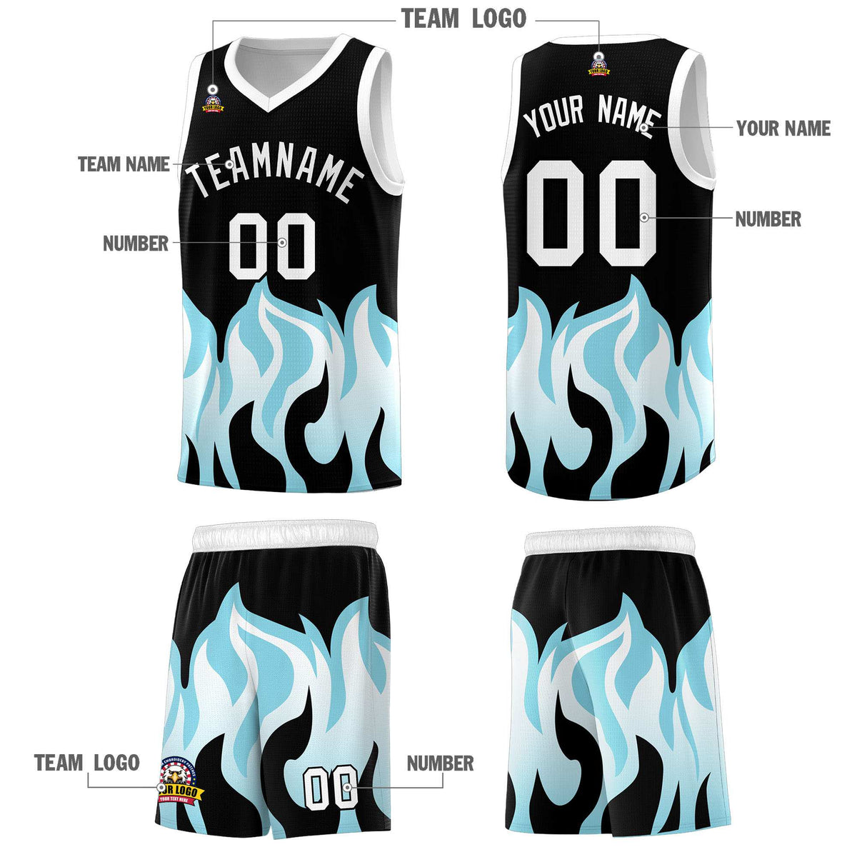 Custom Black Sky Blue Hem Flame Pattern Fashion Sports Uniform Basketball Kits