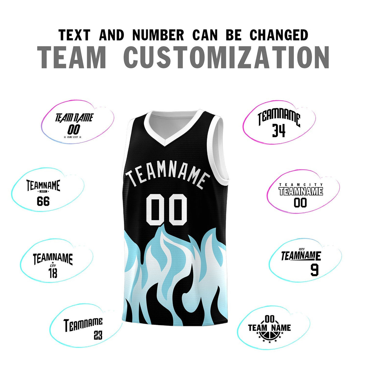 Custom Black Sky Blue Hem Flame Pattern Fashion Sports Uniform Basketball Kits