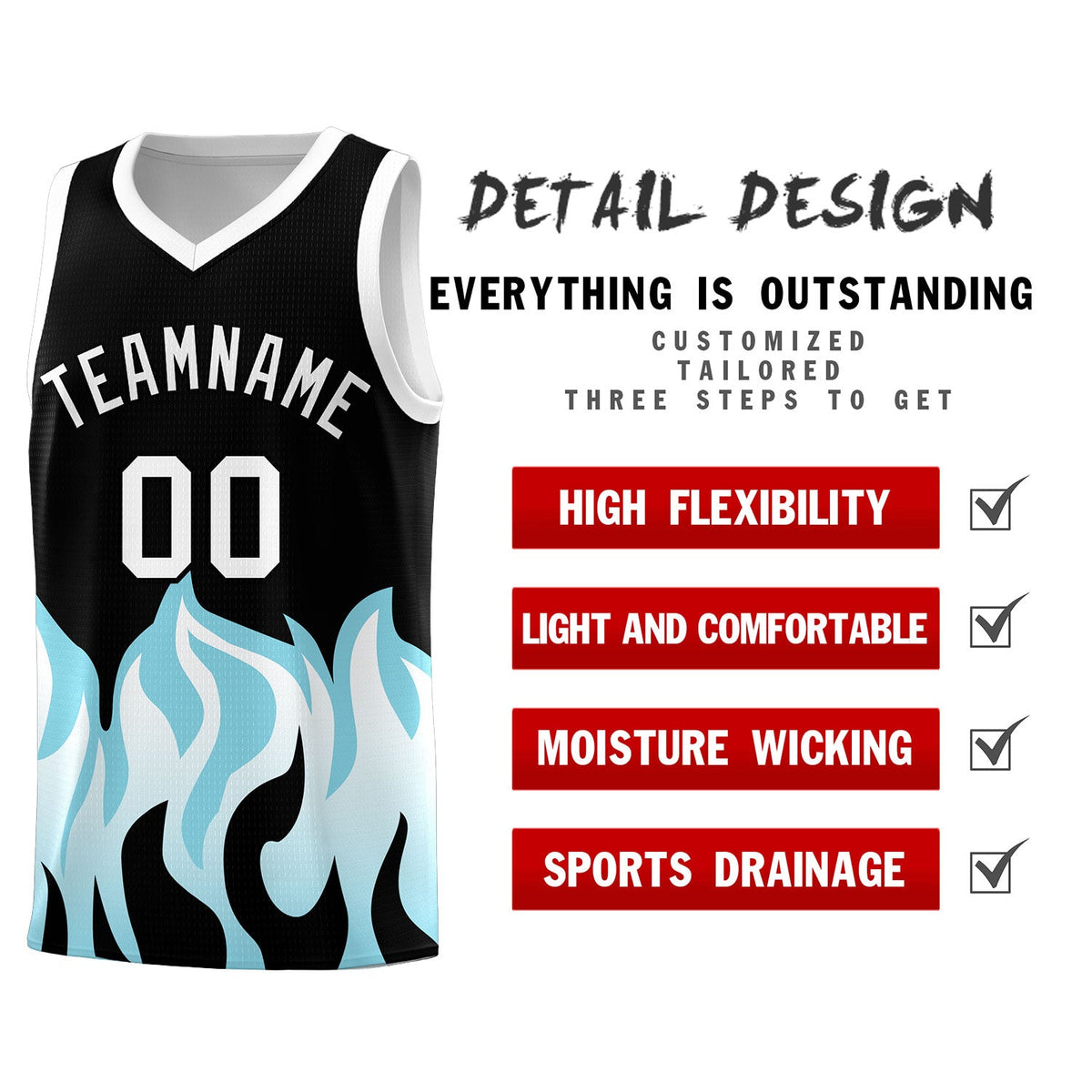 Custom Black Sky Blue Hem Flame Pattern Fashion Sports Uniform Basketball Kits