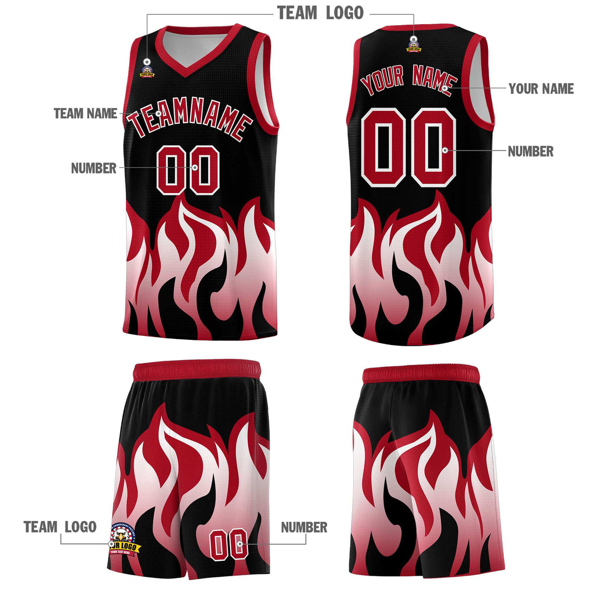 Custom Black Red Hem Flame Pattern Fashion Sports Uniform Basketball Kits