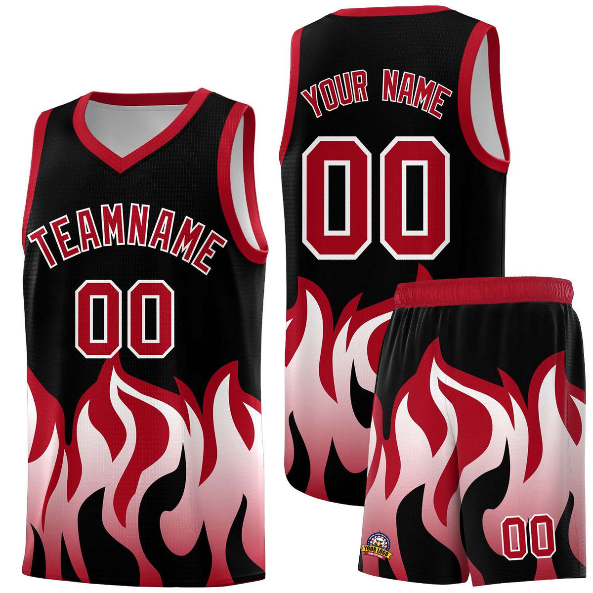 Custom Black Red Hem Flame Pattern Fashion Sports Uniform Basketball Kits