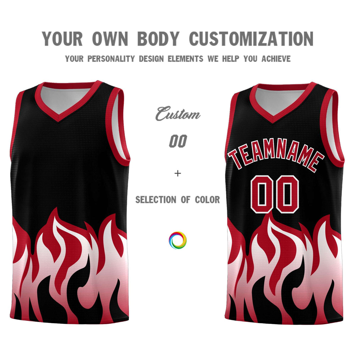 Custom Black Red Hem Flame Pattern Fashion Sports Uniform Basketball Kits