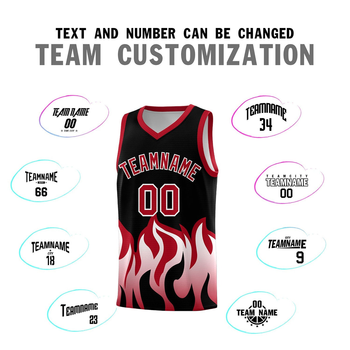 Custom Black Red Hem Flame Pattern Fashion Sports Uniform Basketball Kits