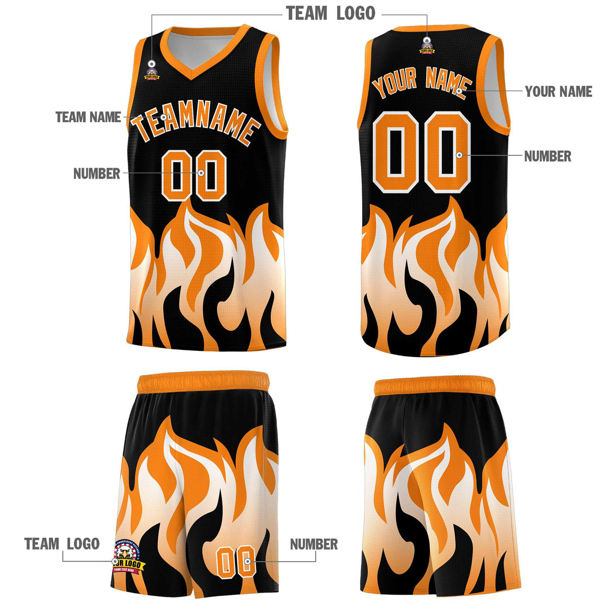 Custom Black Orange Hem Flame Pattern Fashion Sports Uniform Basketball Kits